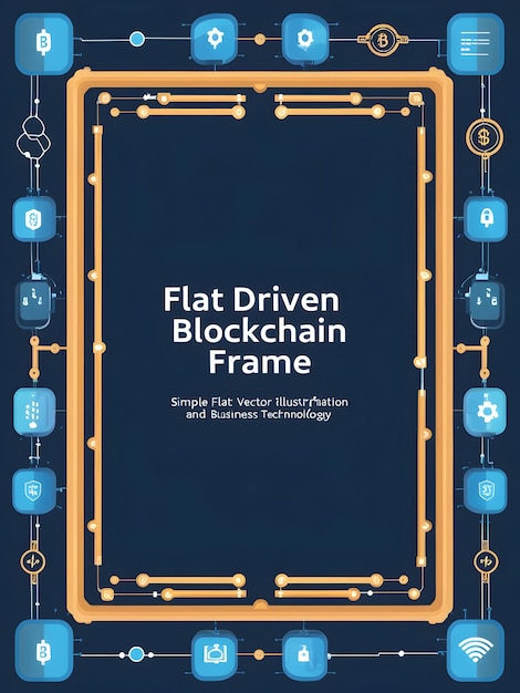 Flat AI Driven Blockchain Frame A border frame with blockchain symbols and digital connections on th