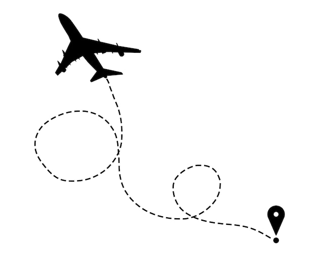 Flight direction illustration Plane silhouette and pin connected by dashed line on white background