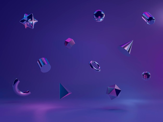 Flying abstract holographic geometric shapes Background with pink and purple colors 3d rendering