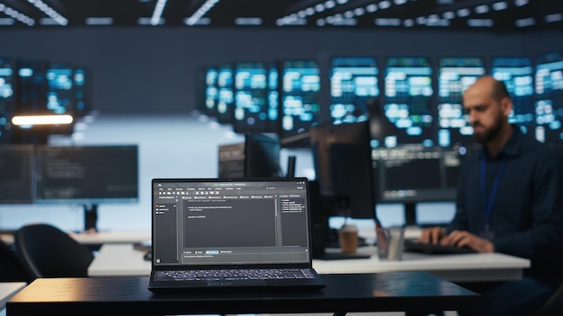 focus on laptop used by expert in data center running code in blurry background
