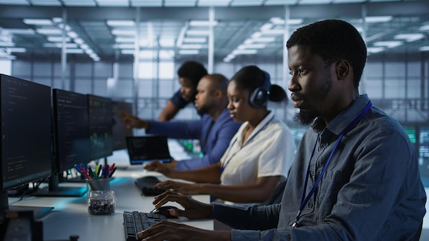 focus on man in server hub office using artificial intelligence