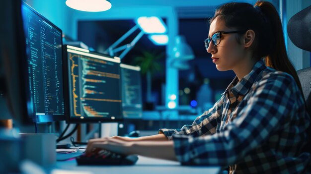 focused female programmer working in a dark office environment typing intently on a keyboard while multiple monitors display lines of code