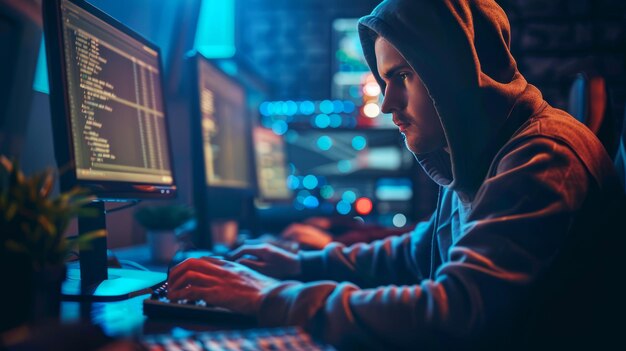 focused hacker programming in a dark room illuminated by multiple computer screens
