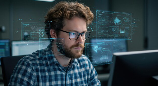 Focused programmer analyzing complex data streams on futuristic holographic interface coding innovation