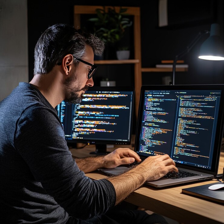 Photo focused programmer coding on dual monitors in a modern workspace emphasizing technology and creativity in software development