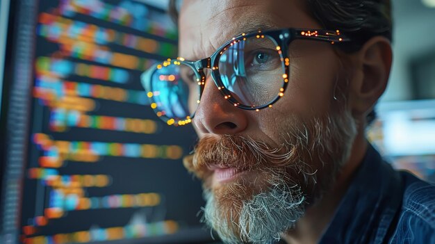 Focused Programmer with Colorful Code on Computer Screen HighTech Workspace Software Development Coding Inspiration for Print Poster Card Designs