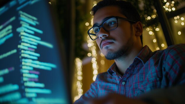 focused programmer working on computer code at night coding expertise technology concept