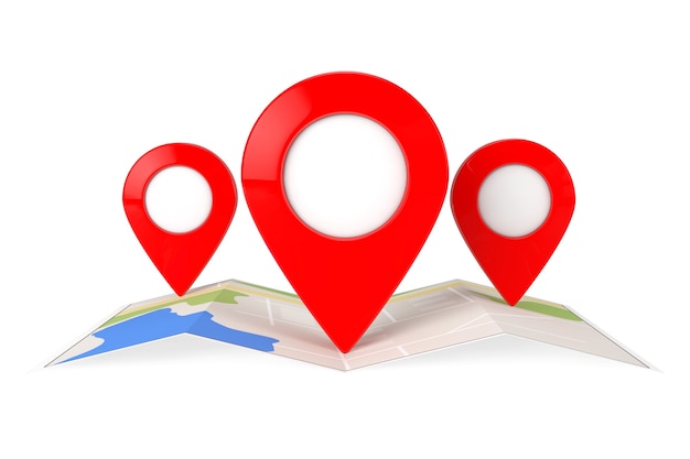 Folded Abstract Navigation Map with Three Target Map Pointer Pins on a white background. 3d Rendering