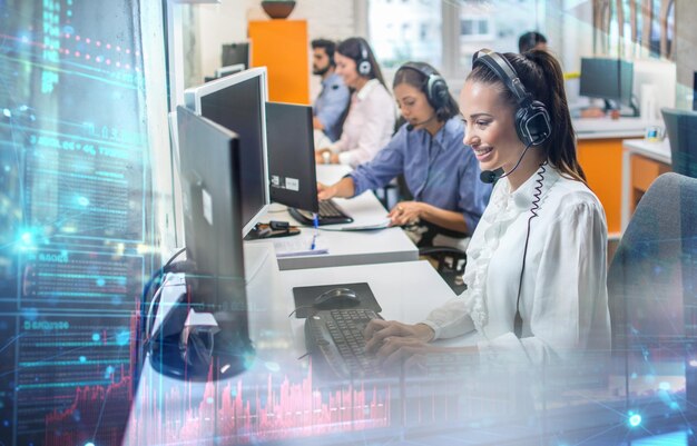 Friendly helpline operators working in call center Business Technology Internet and network concept
