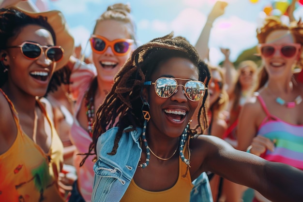 friends dancing joyfully at a music festival
