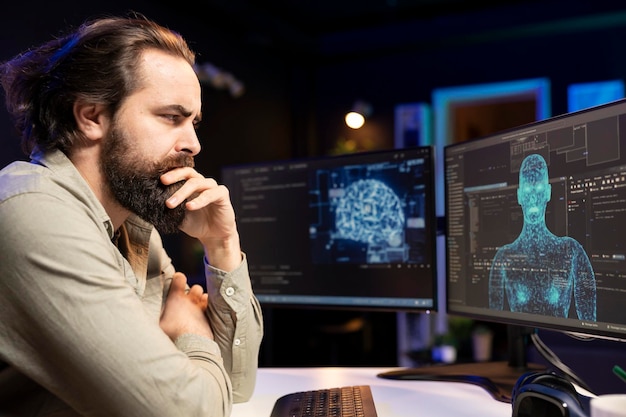 Frowning man looking bemused at AI robot gaining humanoid form