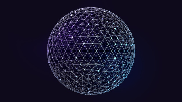 Full wireframe mesh sphere on dark background depicting digital globe and global information
