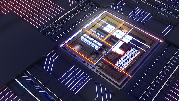 future central processing unitworking processing technologynanotechnology computingconceptual cpu on circuit board3d rendering