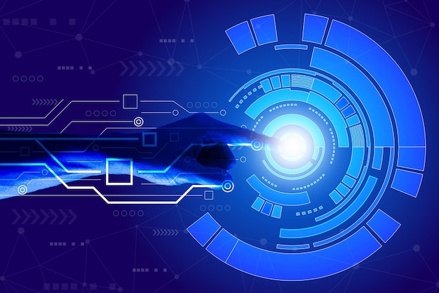 Future forms of technology and cyberspace Finger pointing at hologram to communicate Connect