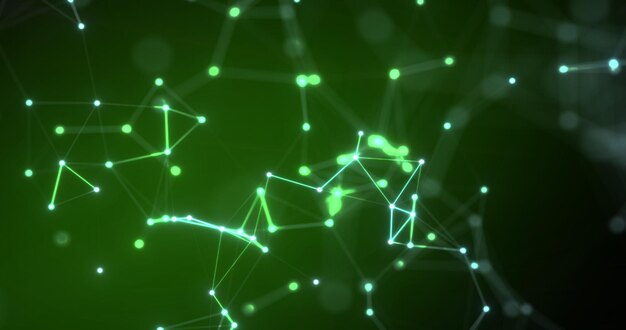 Futuristic abstract green glowing plexus dots with radiant magical energy lines on a black