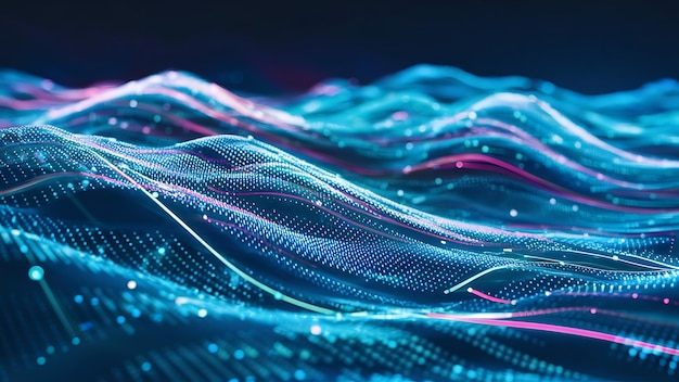 Futuristic background of dots and lines with a dynamic wave Big data 3d rendering 4k
