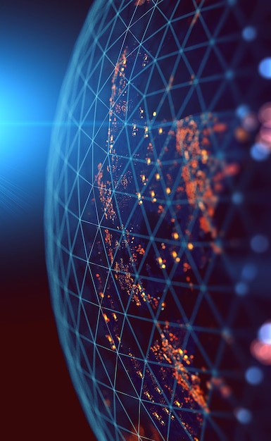 Futuristic background with planet Earth and space.World map and city lights. Global social network.