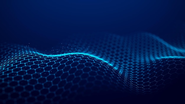Futuristic blue wave of hexagonal grid on a blue background The concept of big data Network connection Cybernetics and artificial intelligence 3d rendering