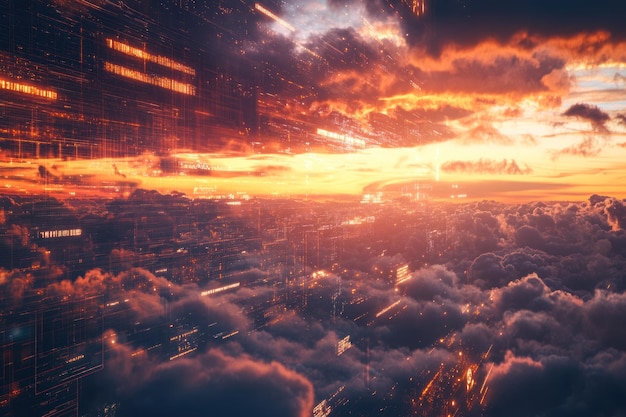 Futuristic city above clouds at sunset digital art
