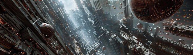 Futuristic cityscape with advanced architecture and technology showcasing tall structures flying vehicles and a dynamic urban environment