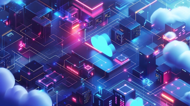 futuristic cityscape with neon lights and digital clouds in a vibrant blue and purple color scheme