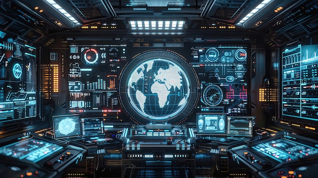 Futuristic command center with digital screens world map and hightech interface showcasing advanced technology and data visualization