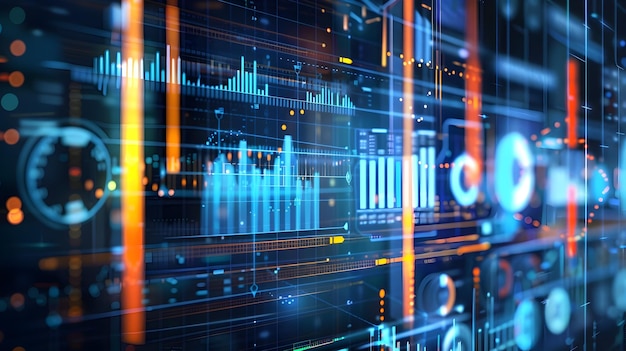Futuristic digital data and charts A digitally enhanced representation of futuristic data analysis with dynamic charts and graphs depicting the concept of big data and technological advancement