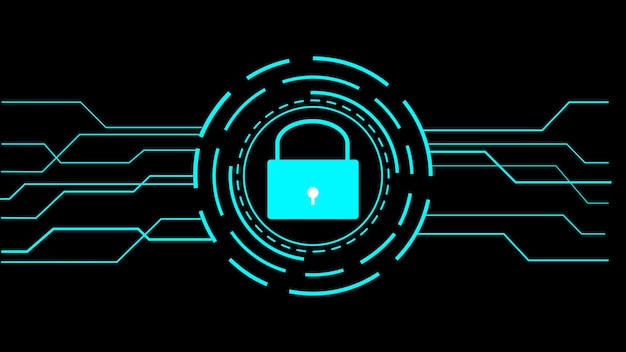 Futuristic digital security concept with a glowing padlock icon on a black background