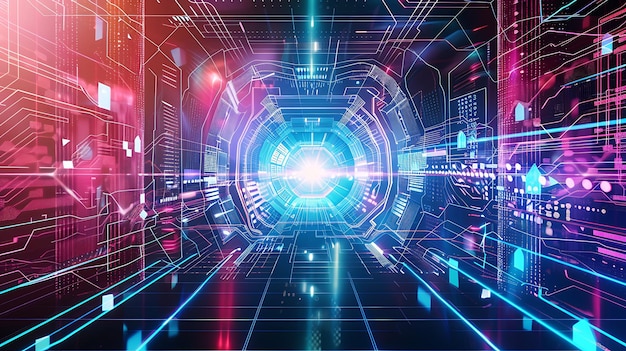 Futuristic Digital Tunnel with Neon Lights and Data Flow