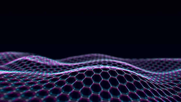 futuristic glitch hexagon wave dark cyberspace abstract wave with dots and line white moving particles on a black background 3d rendering