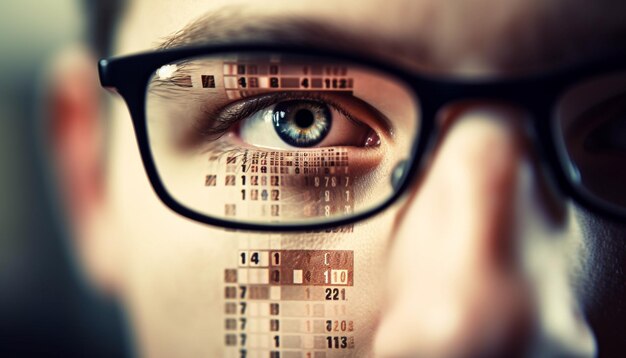 Futuristic programmer looking at computer chip coding virtual reality simulator generated by artificial intelligence