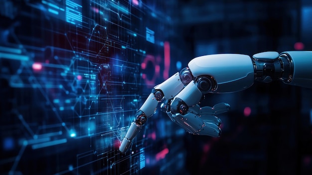 Futuristic robotic hand interacting with digital interface