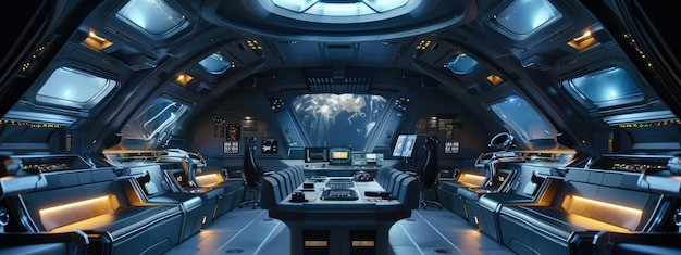 Futuristic SciFi Spaceship Interior with Cosmic Backdrop