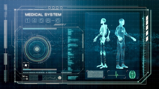 Futuristic screen of human body scan and medical examination, illustration screen of smart medical diagnosis, 3d illustration rendering