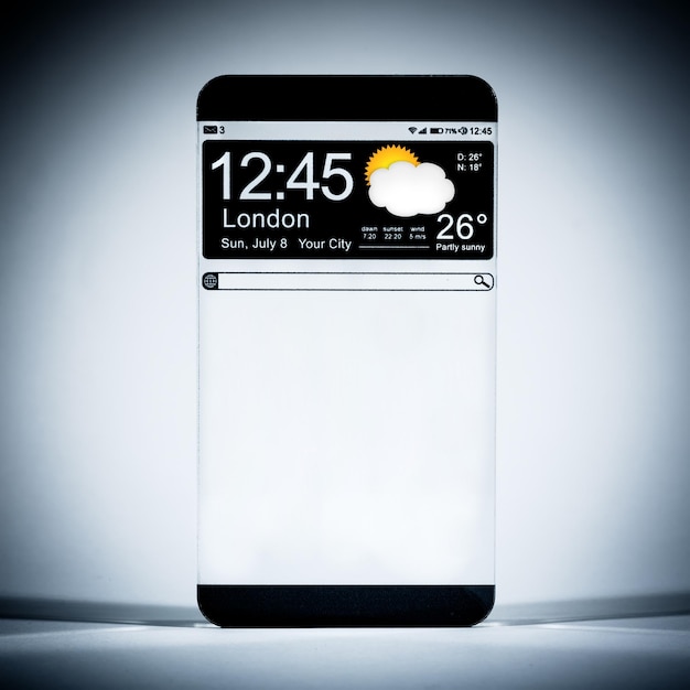 Futuristic Smart phone (copy space display) with a transparent display on a blue background. Concept actual future innovative ideas and best technologies humanity.