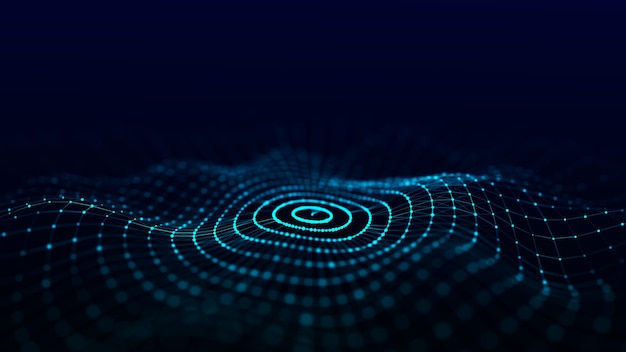 Futuristic wave Dark cyberspace Abstract sound wave with dots White moving particles on background