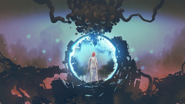 futuristic woman standing in the circle of light digital art style