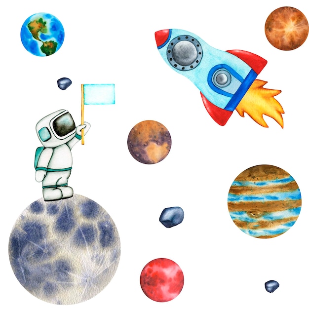Galaxy with planets clip art Cute Astronaut and rocket in space isolated on transparent background Watercolor Illustration of outer space with stars