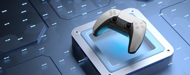 Gamepad on a futuristic panel Blockchain game concept Game joystick on a technological background Blockchain game concept Gamepad on dark background and blank space for design 3d render