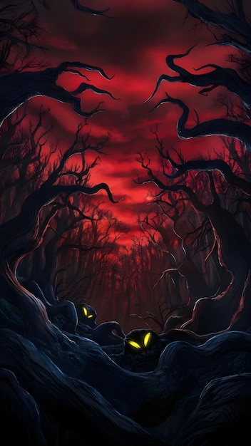 generate an eerie scene of a killer forest under