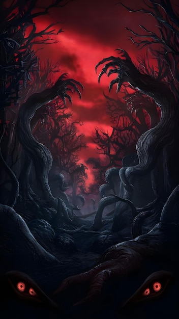 generate an eerie scene of a killer forest under