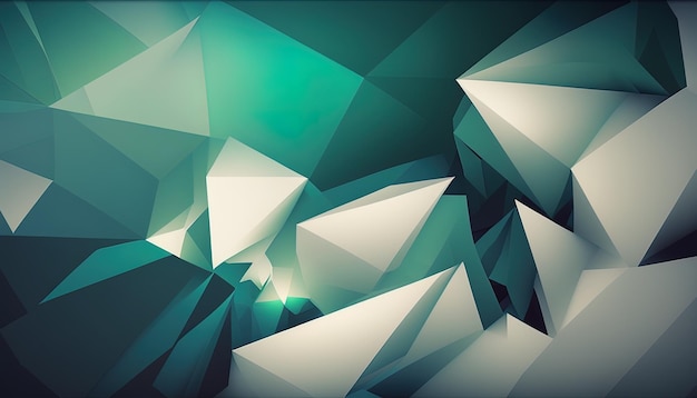 Generative AI Polygonal high resolution pattern for background white and teal and green flares Abstract hexagonal polygonal low poly triangular high resolution futuristic green energetic background