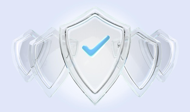 Glass shield with tick sign on blue background 3d render icon set Concept of privacy secure data protection computer or phone access security verification system with checkmark