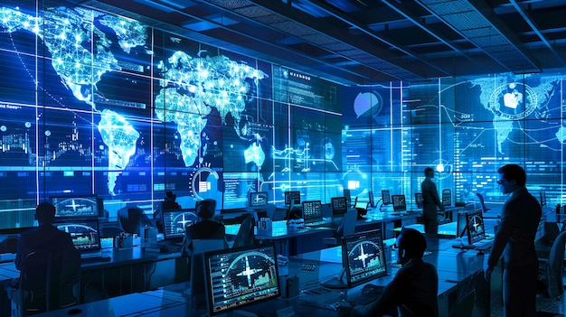 global business team analyzing market data in modern control room
