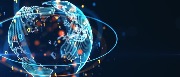 global digitalization concept with bright glowing planet globe with world map and binary code numbers in virtual ring on dark background with space for advertising poster 3d rendering mock up
