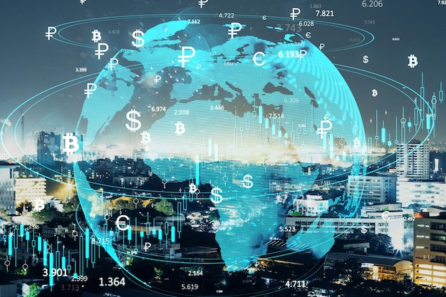 global finance concept with currency symbols and cityscape overlay