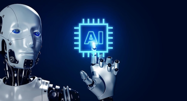 Glowing AI digital computer chip icon pressing by 3d rendering robot hand on blue background with copy space Futuristic smart microprocessor for data service automated technology Machine learning