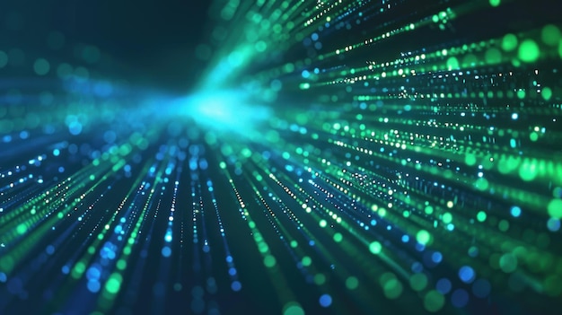 Glowing blue and green digital particles form a futuristic data stream