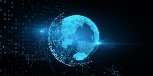 Glowing blue polygonal globe hologram on dark background 3D Rendering