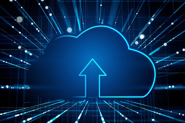 Glowing cloud symbol with upward arrow on dark blue background technology concept 3D Rendering
